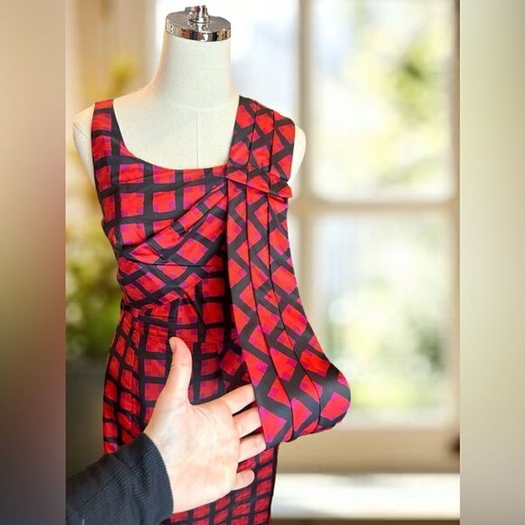 🔥 Marc by Marc Jacobs 100% Silk Sash Red Check Cocktail Dress Size 2 - Picture 8 of 13